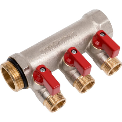 Коллектор с шаровыми кранами STOUT Smb 6210 011203 1", 3 отвода 1/2", красные ручки