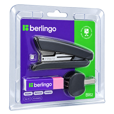 Набор Berlingo "Blitz": степлер №10 до 10л., черный, антистеплер, скобы №10, блистер
