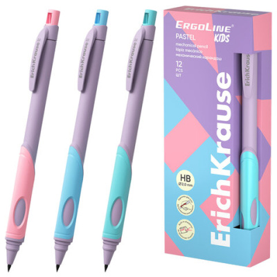 Карандаш механический 2 мм ERICH KRAUSE "ErgoLine Kids Pastel", HB, с точилкой, ассорти, 63833
