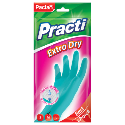 Перчатки МНОГОРАЗОВЫЕ резиновые PACLAN "Extra Dry", хлопчатобумажное напыление, 100% флок, размер 7,5-8, M (средний), синие, вес 52 г, 7340, 407341