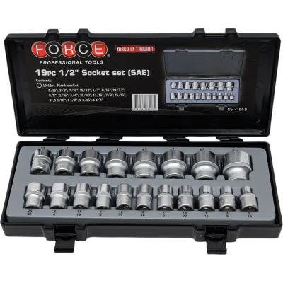 Набор 12 гранных дюймовых головок, 1/2", 19 шт FORCE