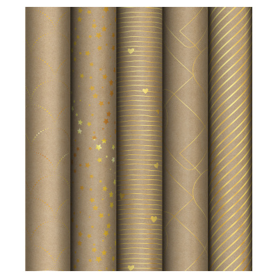 Упаковочная бумага крафт 70*100см, MESHU "Golden Pattern", 80г/м2, отд. фольгой, ассорти 5 дизайнов