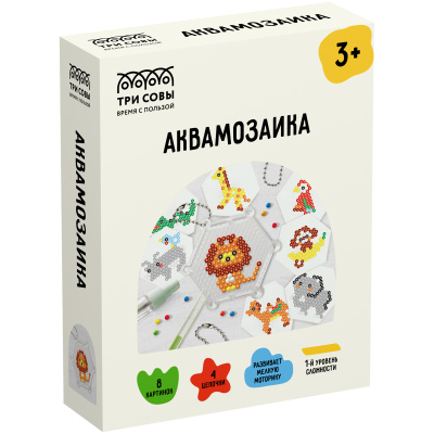 Аквамозаика ТРИ СОВЫ "Зоопарк", набор инструментов и аксессуаров, трафареты, картонная коробка 11*14см