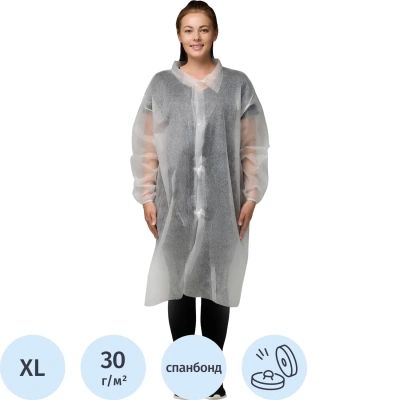 Халат н/с процед, рук.рез, 4кн, XL(52-54), пл 30, бел, Комус, 10шт/уп