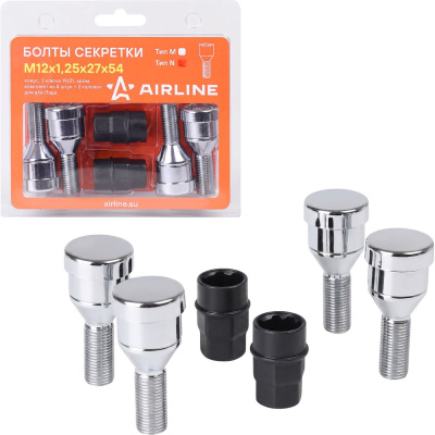 Секретки колесные AIRLINE (болты) М12x1.25x27x54, конус, 2 ключа 19/21, хром, тип N