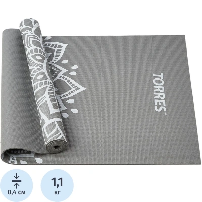 Коврик для йоги TORRES Relax 4, YL12224G, PVC 4 мм, нескольз, серый