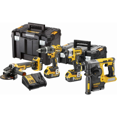 Аккумуляторный набор Dewalt DCK422P3T: дрель-шуруповерт + шуруповерт + УШМ + перфоратор, с 3 АКБ 5 Ач и ЗУ