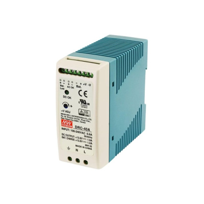 Блок питания с UPS Mean Well DRC-40A на DIN-рейку, 40Вт 13,8В 1,9А с индикатором DC OK и комплексом защит