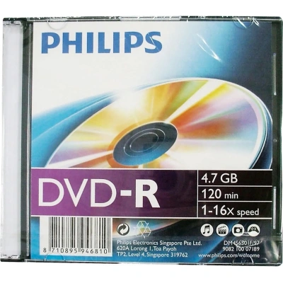 Диск DVD-R PHILIPS, 4,7 Гб, 16x, Slim Case (1 штука), DM4S6S01F/97