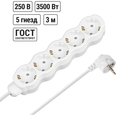 Удлинитель бытовой TDM ELECTRIC Люкс 5 гнезд, 3 м, с/з, с з/ш, ПВС 3х1 мм2, 16 А, 250 В, 3500 Вт TDM ELECTRIC