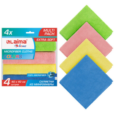 Салфетка из плотной микрофибры LAIMA MULTI PACK PRO COLOUR 40, 40x40 см, комплект 4 шт