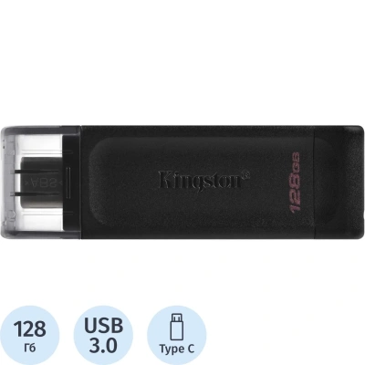Флеш-диск 128 GB KINGSTON DataTraveler 70, разъем Type-C 3.2, черный, DT70/128GB