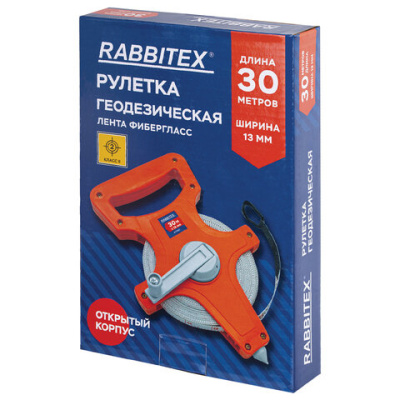 Рулетка геодезическая 30 м х 13 мм, лента фибергласс, открытый корпус, RABBITEX (РАББИТЕКС), 671367
