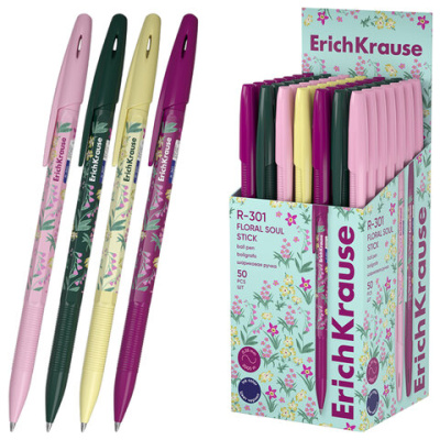 Ручка шариковая ERICH KRAUSE "R-301 Stick Floral" СИНЯЯ, синяя, корпус ассорти, линия 0,35 мм, 63077