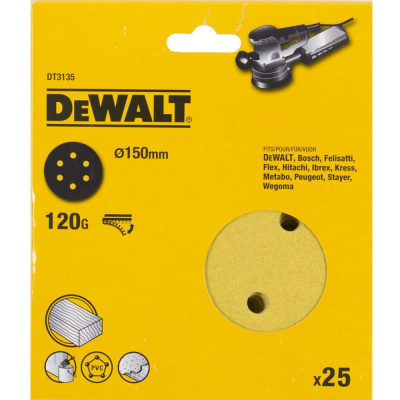 Шлифовальные круги DEWALT DT3135, 150 мм, 6 отверстий, 120G, 25 шт