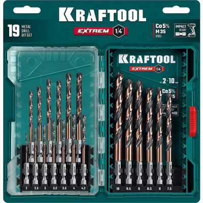 Набор сверл по металлу KRAFTOOL Impact Ready НЕХ-1/4, 19 шт, для винтовертов и шуруповертов