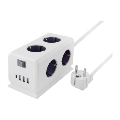 Удлинитель ROCKETSOCKET BiCube Extended 6 Euro 16A, 4 USB 3A+C с блоком 5В/3.1А, кабель 1,5 м цвет белый