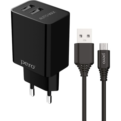 Сетевое зарядное устройство PERO TC02 2USB 2.1A c кабелем Micro USB в комплекте, черный ТС02BL2AM