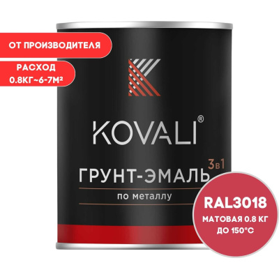 Грунт-эмаль 3 в 1 KOVALI матовая Клубнично-красная RAL 3018 (0,8кг)
