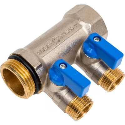 Коллектор с шаровыми кранами STOUT Smb 6211 011202 1", 2 отвода 1/2", синие ручки