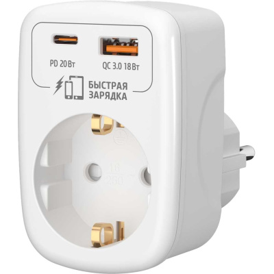 Адаптер сетевой, разветвитель тройник для розетки 16А с usb и type-c, с заземлением, быстрая зарядка, ФОТОН, белый