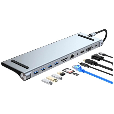 Док-станция PALMEXX 11в1 USB-C to HDMI+VGA+USB3.0+3xUSB2.0+CR+LAN+AUX+PD87W PX/HUB-DST-10IN1