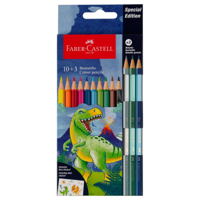 Карандаши цветные Faber-Castell "Dinosaur", 10 цв. + 3 цв. металл. + наклейки, заточен., картон, европодвес