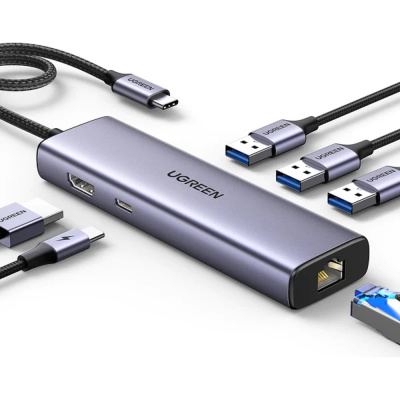 USB концентратор (хаб) Ugreen USB-C To 3хUSB 3.0 A+HDMI+RJ45+PD Converter, цвет серый