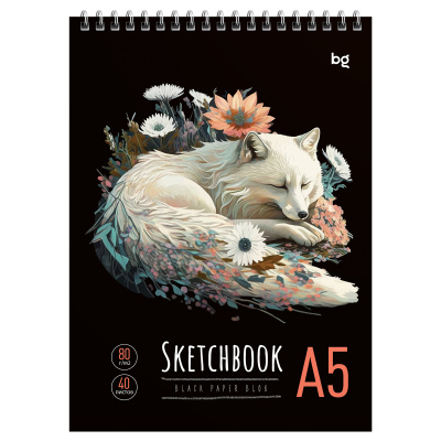 Скетчбук 40л., А5 BG "Арктическая лиса", на гребне, черный блок, 80г/м2