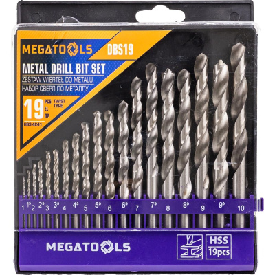 Набор сверл по металлу MEGATOOLS HSS, 19 предметов (1/1.5/2/2.5/3/3.5/4/4.5/5/5.5/6/6.5/7/7.5/8/8.5/9/9.5/10мм)