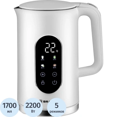 Чайник электрический BRAYER 6107BR-WH 2200 Вт, 1.7 л, Cool Touch, cенсорное управление, автоотключение