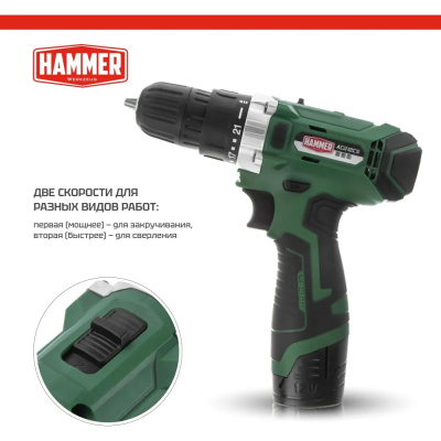Аккум.дрель Hammer ACD12CS 12В 1x1.5Ач LiION 10мм 0-350/0-1400об/мин 26Нм Компактная и эргономичная дрель-шуруповерт с
