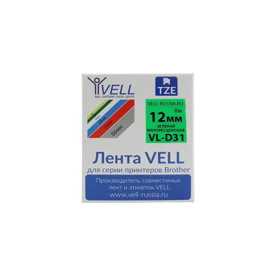 Лента Vell VL-D31 Brother TZE-D31, 12 мм, черный на зеленом для PT