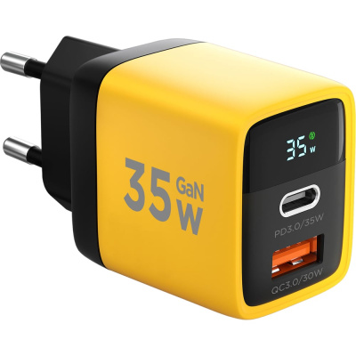 Зарядное устройство с дисплеем Cablexpert 35Вт GaN, QC3.0/PD3.0, 1хUSB, 1хType-C, желтый, короб, MP3A-PC-53