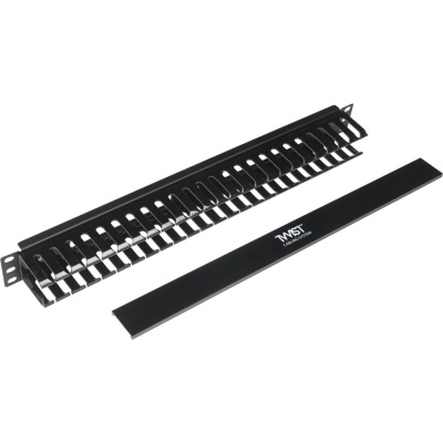 Кабельный органайзер Retic с крышкой 19’’ 1U металлический, с пластиковой крышкой, пластиковые кольца, черный