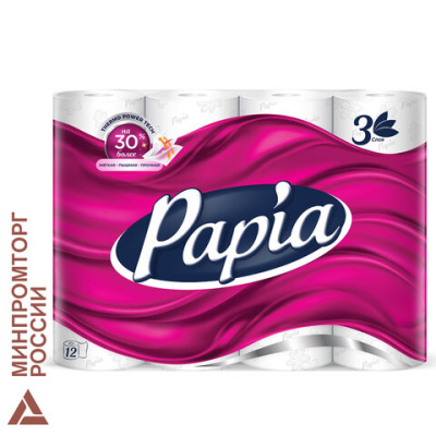 Бумага туалетная Papia Белая 3сл бел 100%цел втул 16,8м 140л 12рул/уп