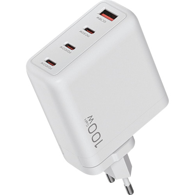 Сетевое зарядное устройство QUMO Energy Charger GaN PD 100 Вт, USB-A + 3 USB Type-C, (0144), белый