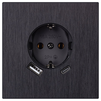 Розетка одноместная SMARTBUY с заземлением USB+Type-C независимая 16А алюминий черный Альтаир (SBE-i11alb-1