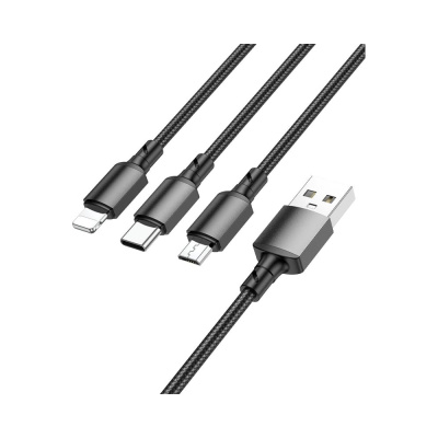 USB кабель Borofone bx72 3в1 lightning 8-pin/microusb/type-c, 2.4a, 1м, нейлон (черный)