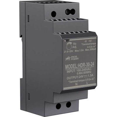 Источник питания Prompower HDR-30-24, на вых. 24 В DC, 1.5А, 36Вт. Вх. 85-264В AC (120-370 В DC)