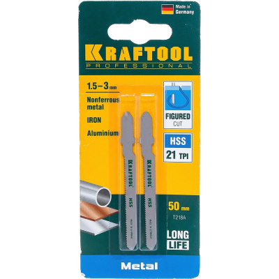 Пилки KRAFTOOL для эл/лобзика, HSS, по металлу, фигурный рез, EU-хвост., шаг 1,2мм, 50мм, 2шт