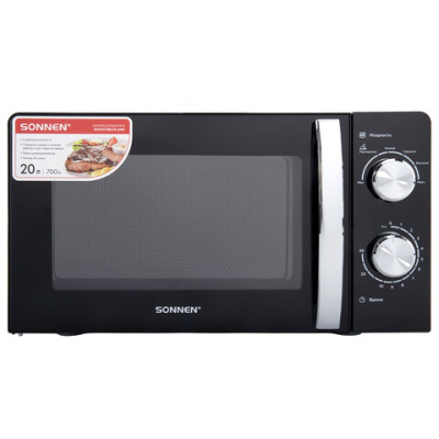 Микроволновая печь SONNEN MW2070BLCR-6MB, 20 л, 700 Вт, таймер, механическое управление, ручка, черная/хром, 454982