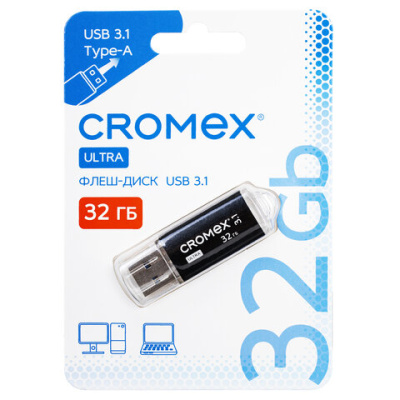 Флеш-диск 32 GB, CROMEX (КРОМЕКС) Ultra USB 3.1, металлический корпус, черный, 514163