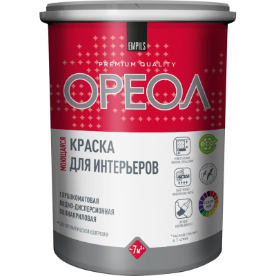 Краска ВД для интерьеров моющаяся глубокоматовая ОРЕОЛ (база А) 0.9 л