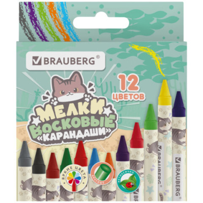 Восковые мелки, кросс-серия "МИЛЫЕ КОТЫ", BRAUBERG, НАБОР 12 цветов, 273229