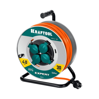 Силовой удлинитель на стальной катушке KRAFTOOL Expert ПВС 3x2.5, 30м