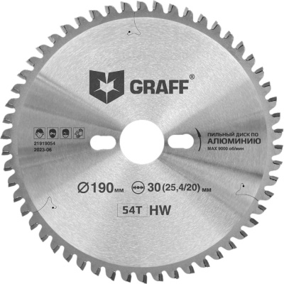 Пильный диск по алюминию GRAFF 190х2.0/2.8х30/25.4/20х54Т Expert