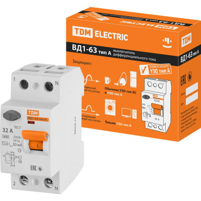 Устройство защитного отключения TDM ELECTRIC ВД1-63 2Р 32А 30мА тип А