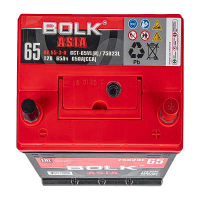 Аккумулятор BOLK ASIA 65 А/ч обратный R+ 232x175x225 D23 EN 650 А BA 65-3-R