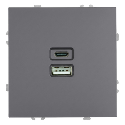 Розетка 2-местная STEKKER USB + Type C (механизм), 250В, 20W, серия Эмили, RST10-5115-10, платиново-серый, soft touch